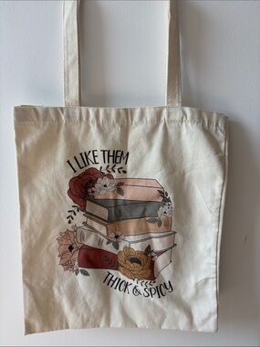 Canvas book Tote Bag with Floral Book Stack - Cream